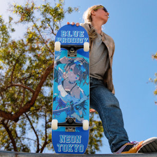 Blue Neon Prodigy Tokyo Cyberpunk Anime Impact Skateboard