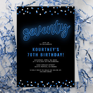 Blue Neon Seventy Birthday Invitation