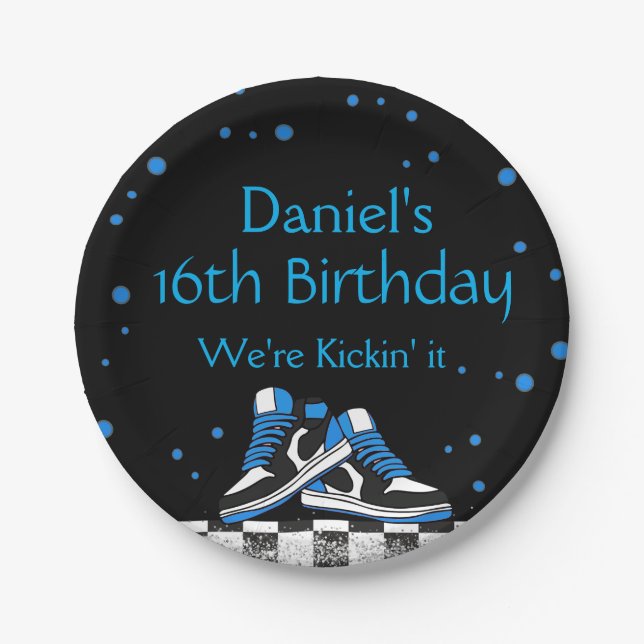 Blue Neon Sneaker Birthday, Glitter  Paper Plate (Front)