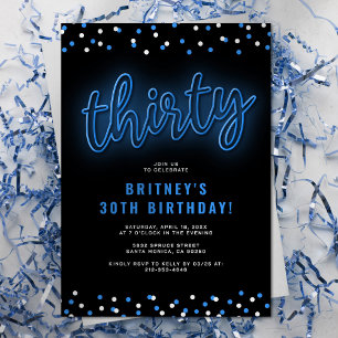 Blue Neon Thirty Birthday Invitation