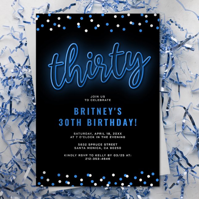Blue Neon Thirty Birthday Invitation (Creator Uploaded)