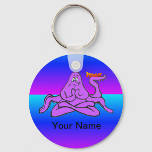 Blue Neon Yoga Octopus Cartoon Cust. Text Keychain