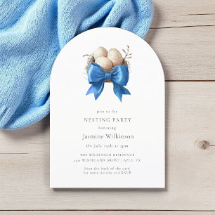 Blue Nesting party minimal invite with qr code