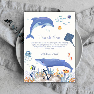 Blue Neutral Ocean Dolphin Whale Boy Baby Shower  Thank You Card