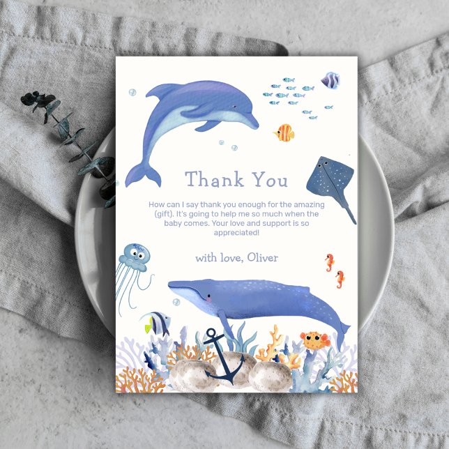 Blue Neutral Ocean Dolphin Whale Boy Baby Shower  Thank You Card (Blue Neutral Ocean Dolphin Whale Boy Baby Shower Thank You Card)