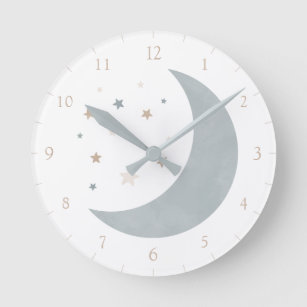 Blue Neutral Watercolor Moon and Stars Round Clock