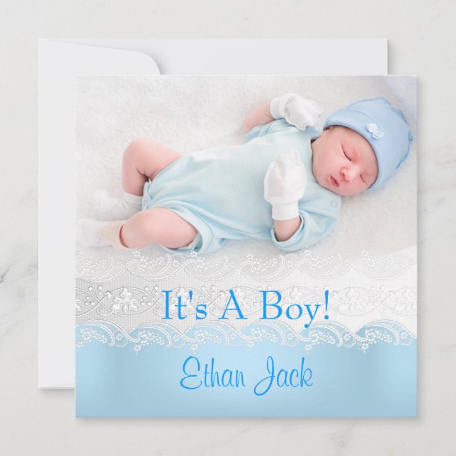 Blue New Baby Boy Anouncement Photo Announcement (Front)