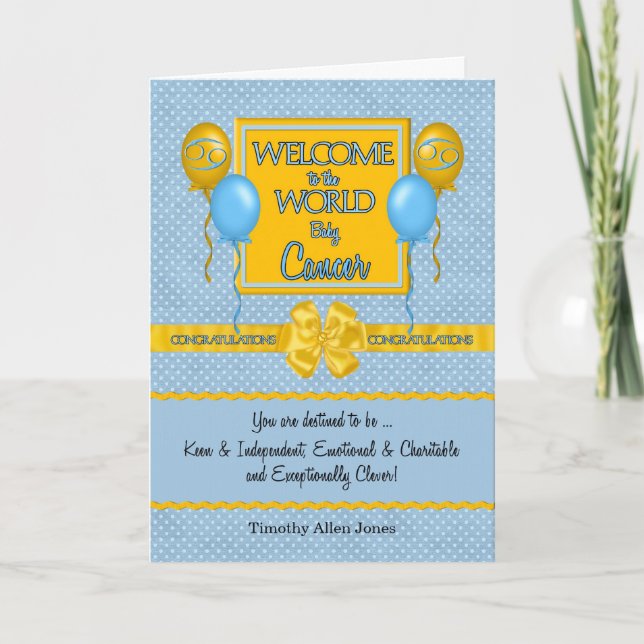 Blue New Baby Boy Cancer Zodiac Congratulations Card (Front)
