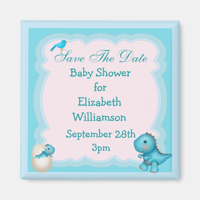 Blue New Born Dinosaur Save The Date Baby Shower Magnet (Front)