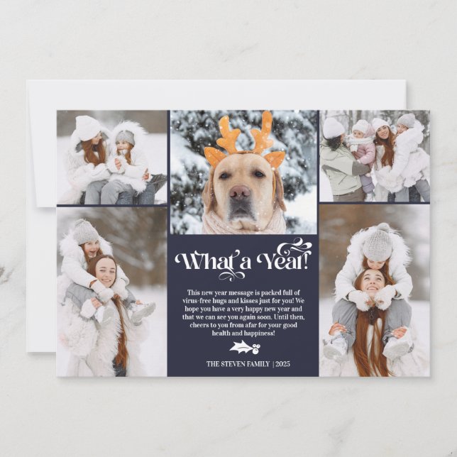 Blue New Year in review 5 photo collage grid Holiday Card (Front)