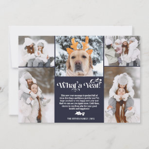 Blue New Year in review 5 photo collage grid Holiday Card