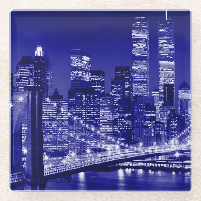 Blue New York City Night Glass Coaster (Front)