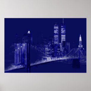 Blue New York City Night Pop Art Poster