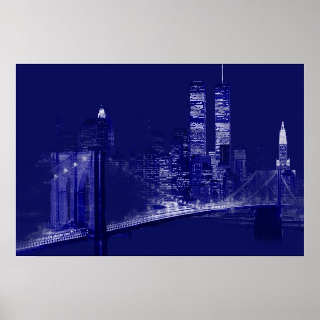 Blue New York City Night Pop Art Poster (Front)