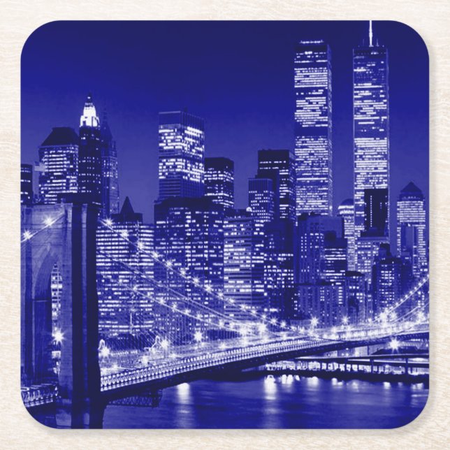 Blue New York City Night Square Paper Coaster (Front)