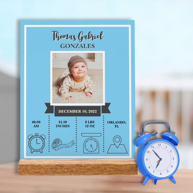 Blue Newborn Baby Boy Photo Birth Stat Keepsake    Acrylic Sign (Blue Birth Stat Baby Boy Acrylic Frame Baby Newborn Infant Gifts For Nursery Keepsake Baby Photo)