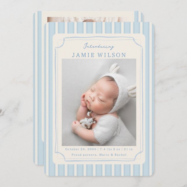 Blue Newborn Birth Photo Collage Baby Boy  Announcement (Front/Back)