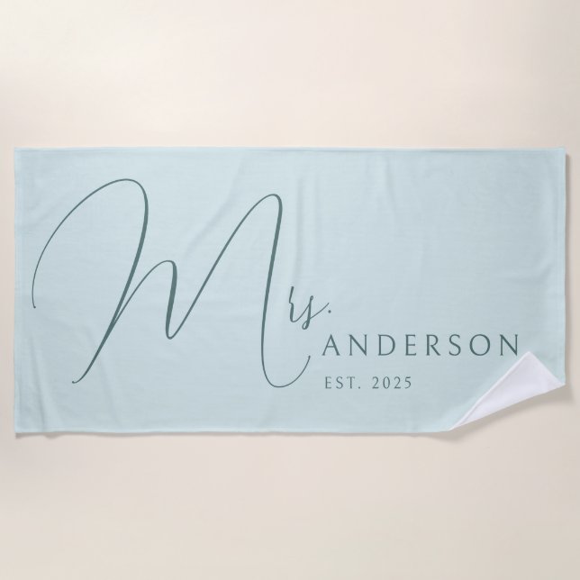 Blue Newlyweds Name Personalised Honeymoon Beach Towel (Front)