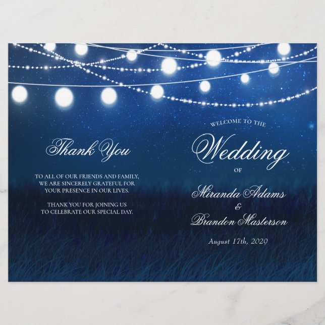 Blue Night and Lights Wedding Folded Program Card (Front)