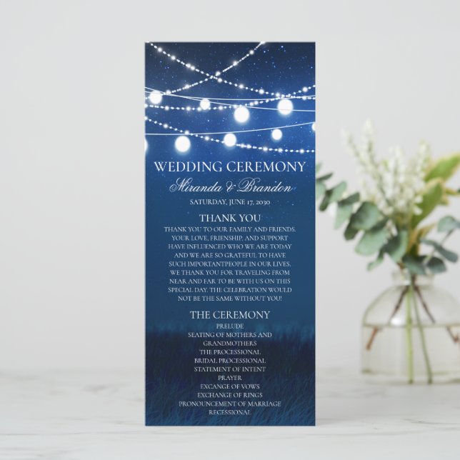 Blue Night and Silver Lights Wedding Program Card (Standing Front)