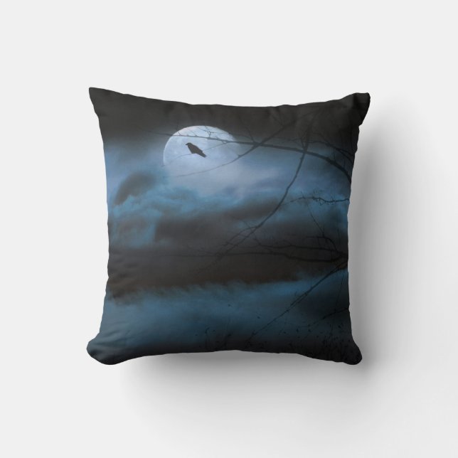 Blue Night Crow And A Full Moon Throw Pillow (Front)
