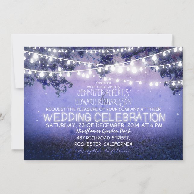 blue night & garden lights rustic wedding invitation (Front)