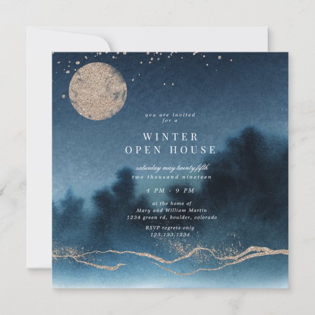 blue night gold landscape square open house invitation (Front)