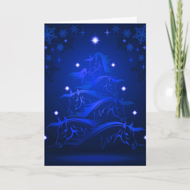 Blue Night Horses Christmas Tree Holiday Card (Front)