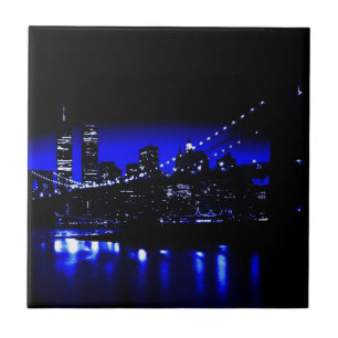 Blue Night New York City Brooklyn Bridge, River Tile