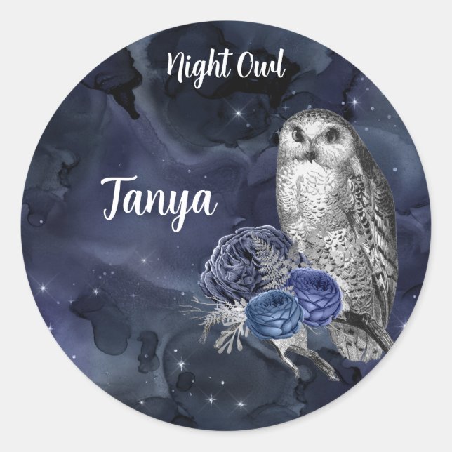 Blue Night Owl Classic Round Sticker (Front)
