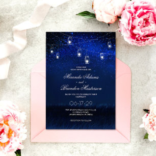 Blue Night Silver Mason Jar String Lights Wedding Invitation
