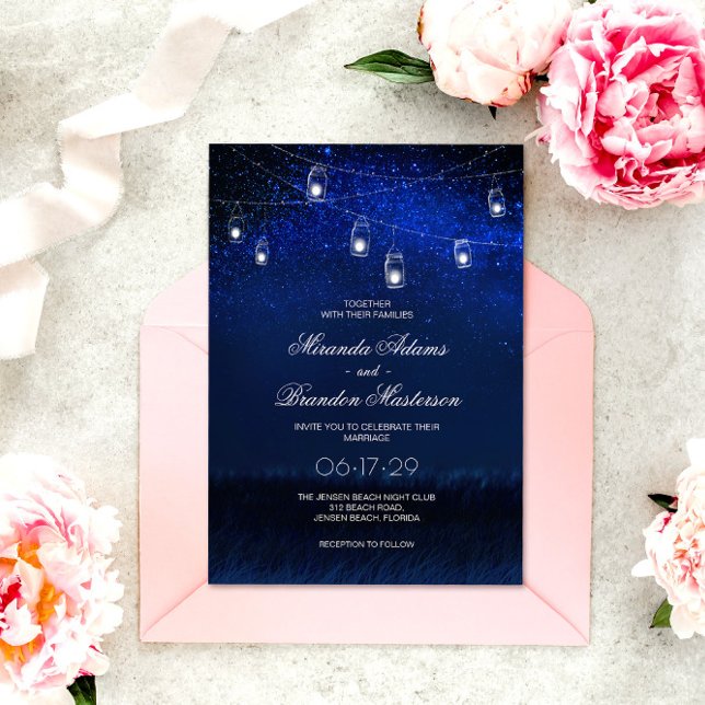 Blue Night Silver Mason Jar String Lights Wedding Invitation (Creator Uploaded)