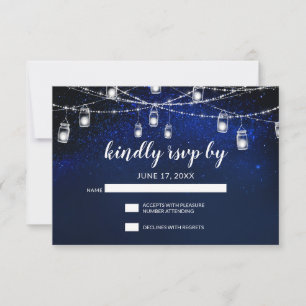 Blue Night Silver Mason Jar String Lights Wedding RSVP Card