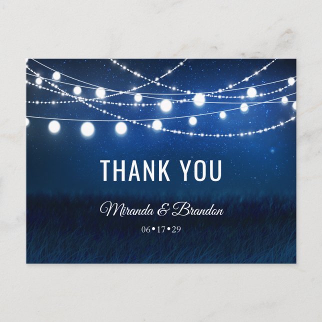 Blue Night & Silver String Lights Thank You Announcement Postcard (Front)