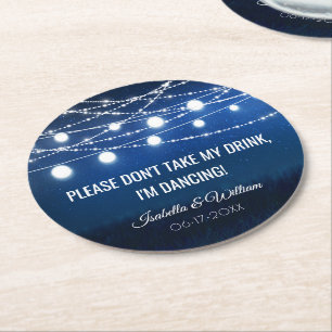 Blue Night & Silver String Lights Wedding Round Paper Coaster