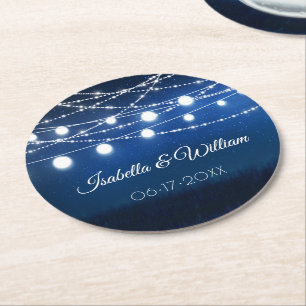 Blue Night & Silver String Lights Wedding Round Paper Coaster