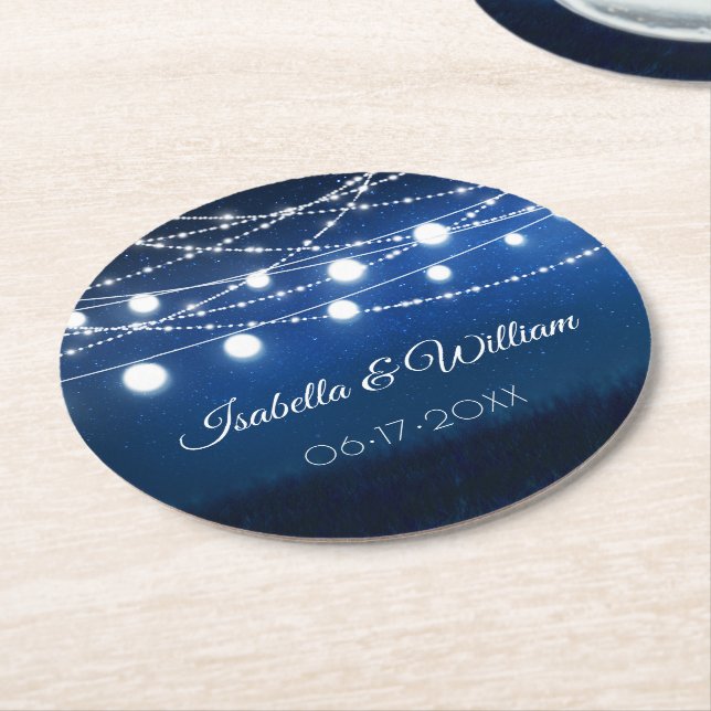 Blue Night & Silver String Lights Wedding Round Paper Coaster (Angled)