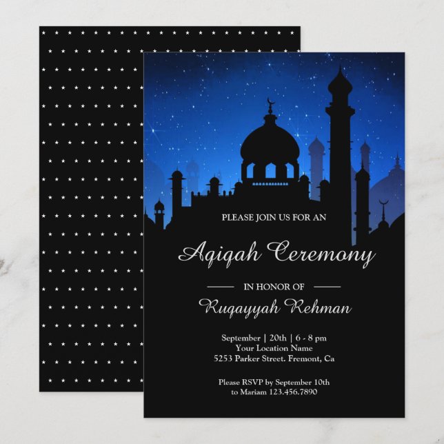 Blue Night Sky Arabian Nights Aqiqah Invitation (Front/Back)