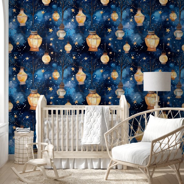 Blue night sky orange lamps wallpaper (Kids)