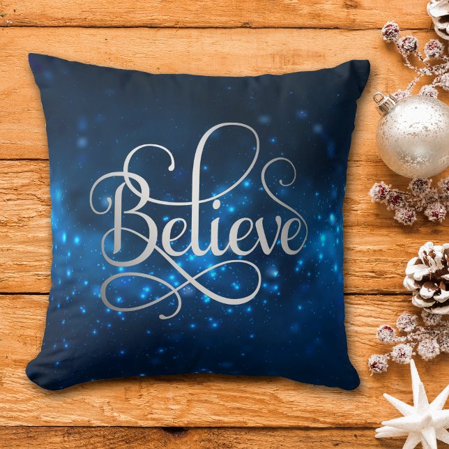 Blue Night Sky Stars Believe Christmas Cushion (Creator Uploaded)