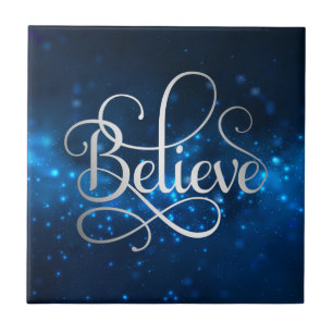 Blue Night Sky Stars Believe Christmas Tile
