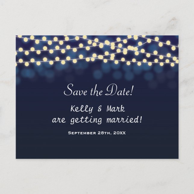 Blue Night Sky String Lights Save Date Postcard (Front)