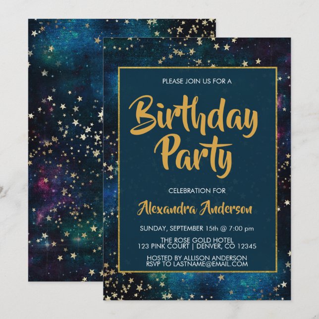 Blue Night Sky with Gold Foil Stars Birthday Party Invitation (Front/Back)