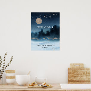 Blue Night Watercolor Landscape Wedding Welcome Poster