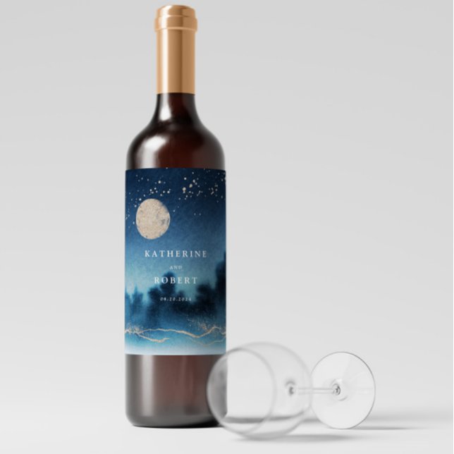 Blue Night Watercolor Landscape Wedding Wine Label (Creator Uploaded)