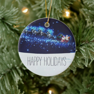 Blue Night With Santa Claus, Reindeer and Sleigh Ceramic Tree Decoration