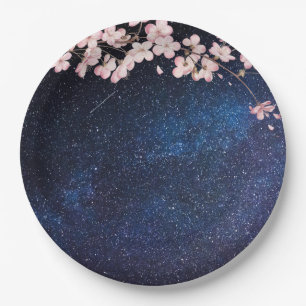 Blue Nightsky Galaxy & Cherry Blossom Engagement Paper Plate