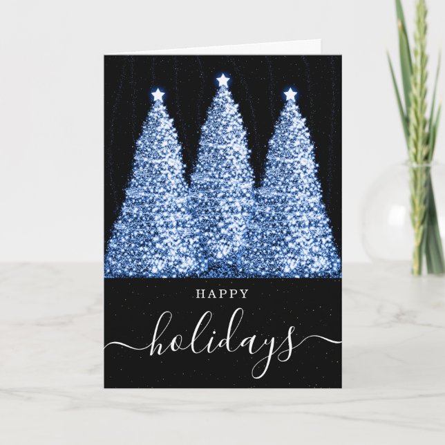 Blue No Photo Holidays Christmas Glitter Trees Holiday Card (Front)