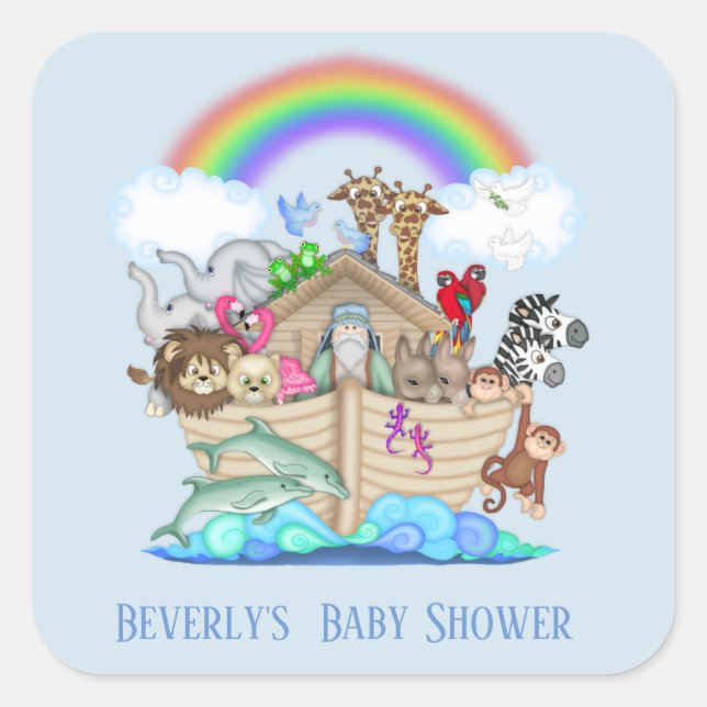 Blue Noah's Ark Baby Shower Sticker (Front)