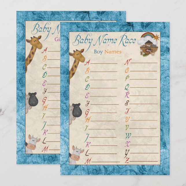 Blue Noah's Ark Name Race Baby Shower Games Invitation (Front/Back)